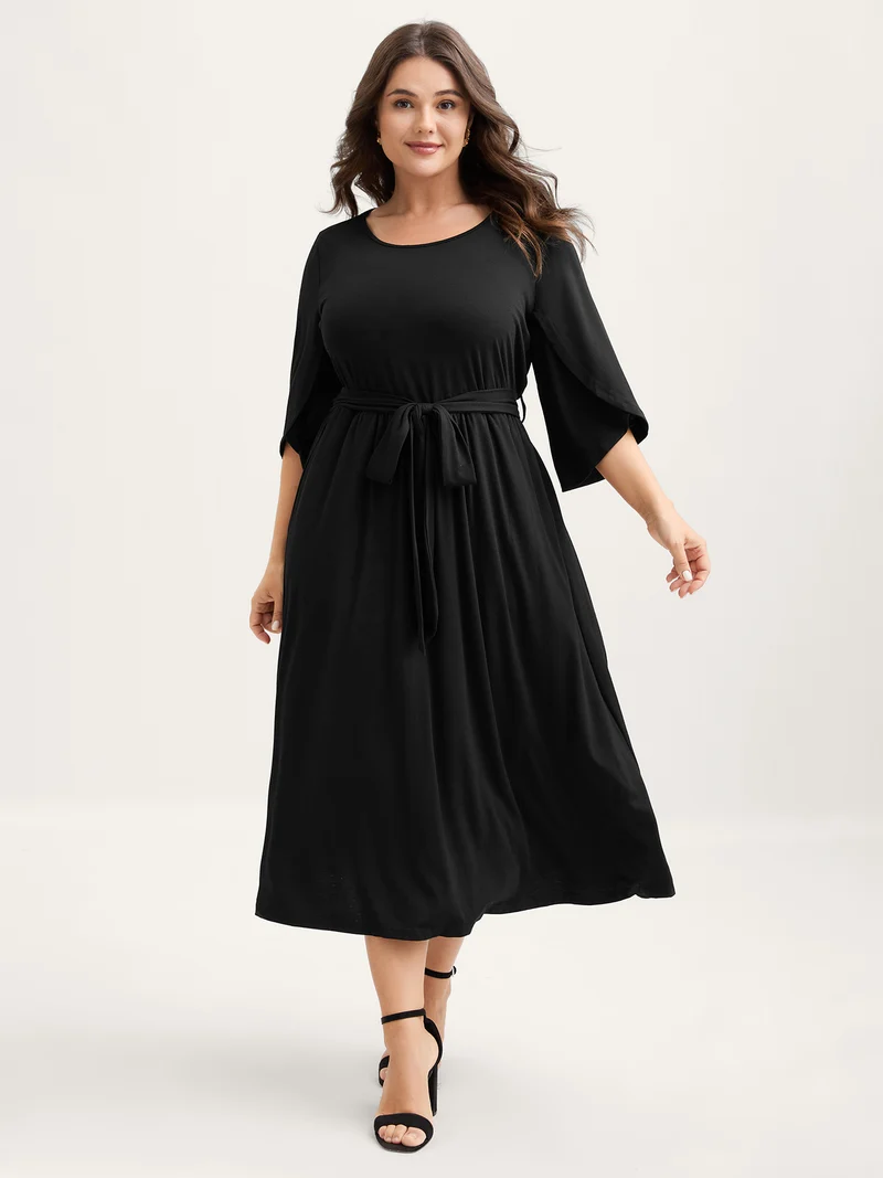 Supersoft Petal Sleeve Belted Waist-Defining Midi Dress