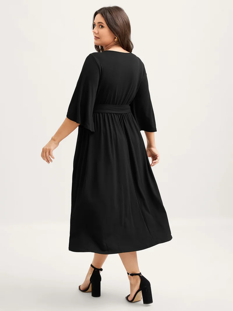Supersoft Petal Sleeve Belted Waist-Defining Midi Dress