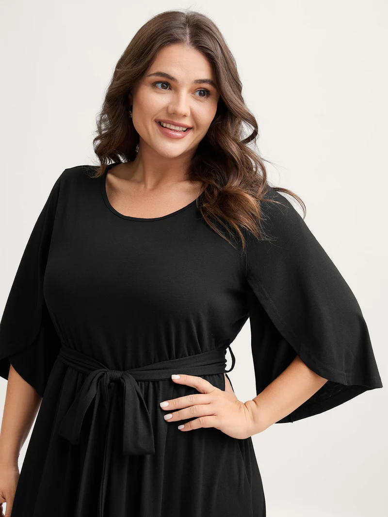 Supersoft Petal Sleeve Belted Waist-Defining Midi Dress