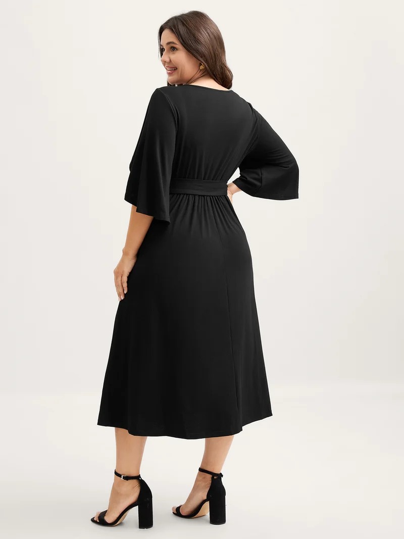 Supersoft Petal Sleeve Belted Waist-Defining Midi Dress