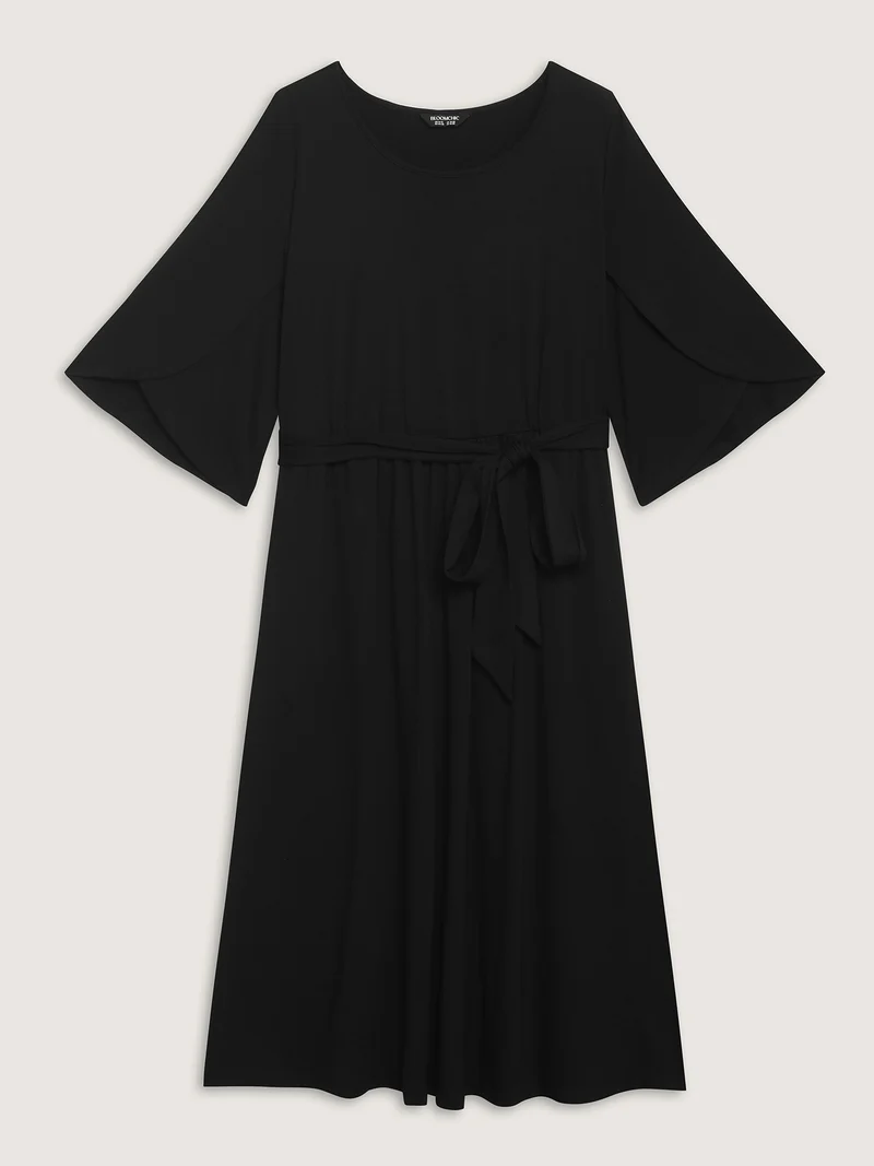 Supersoft Petal Sleeve Belted Waist-Defining Midi Dress