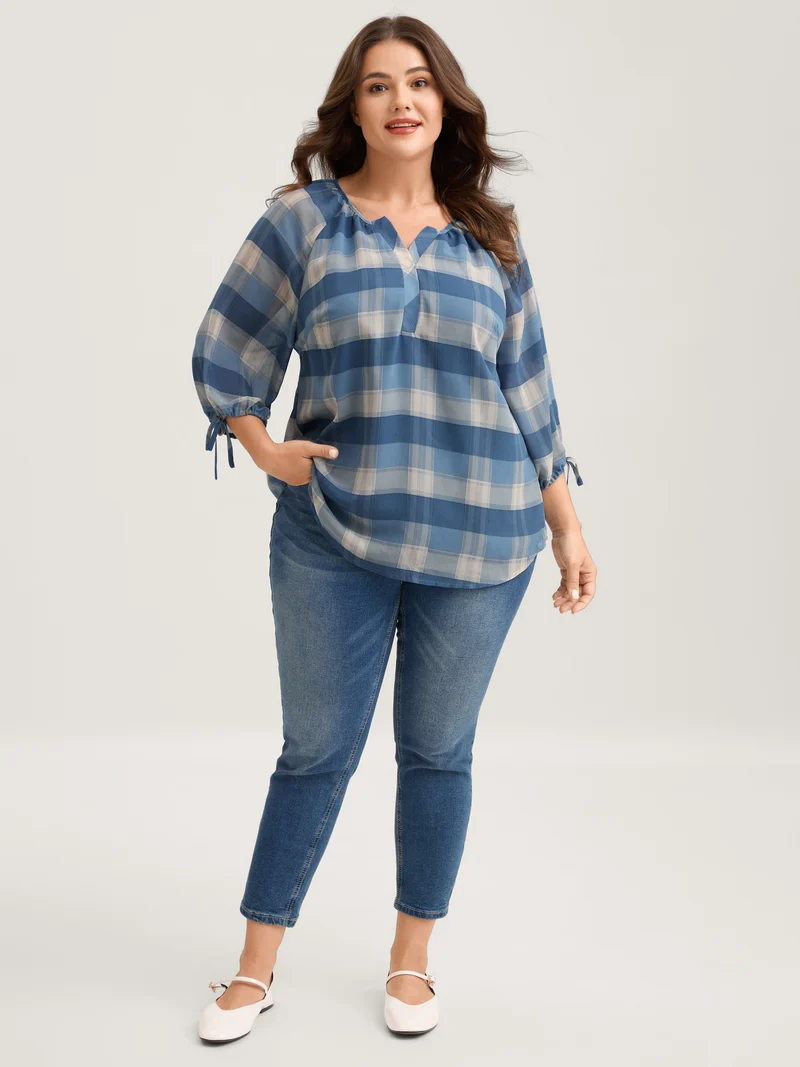 Plaid Print Notched Collar Blouse
