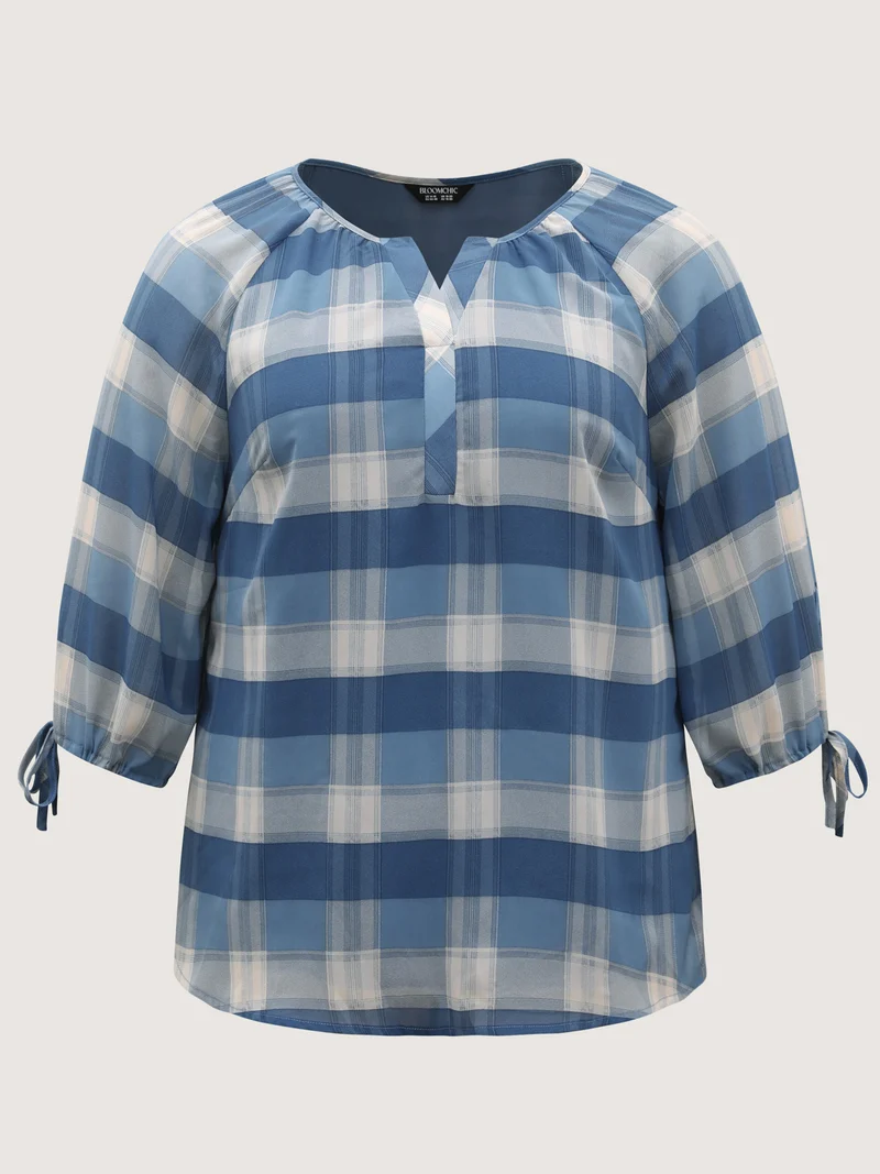 Plaid Print Notched Collar Blouse