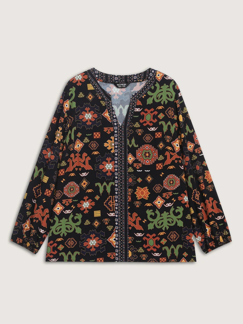 Boho Geometric Pattern Split Neck Blouse