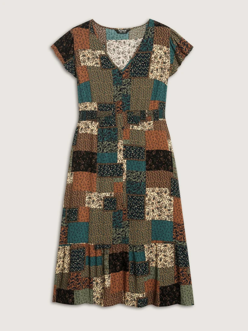 Boho Collage Print Shirred V-Neck Midi Dress