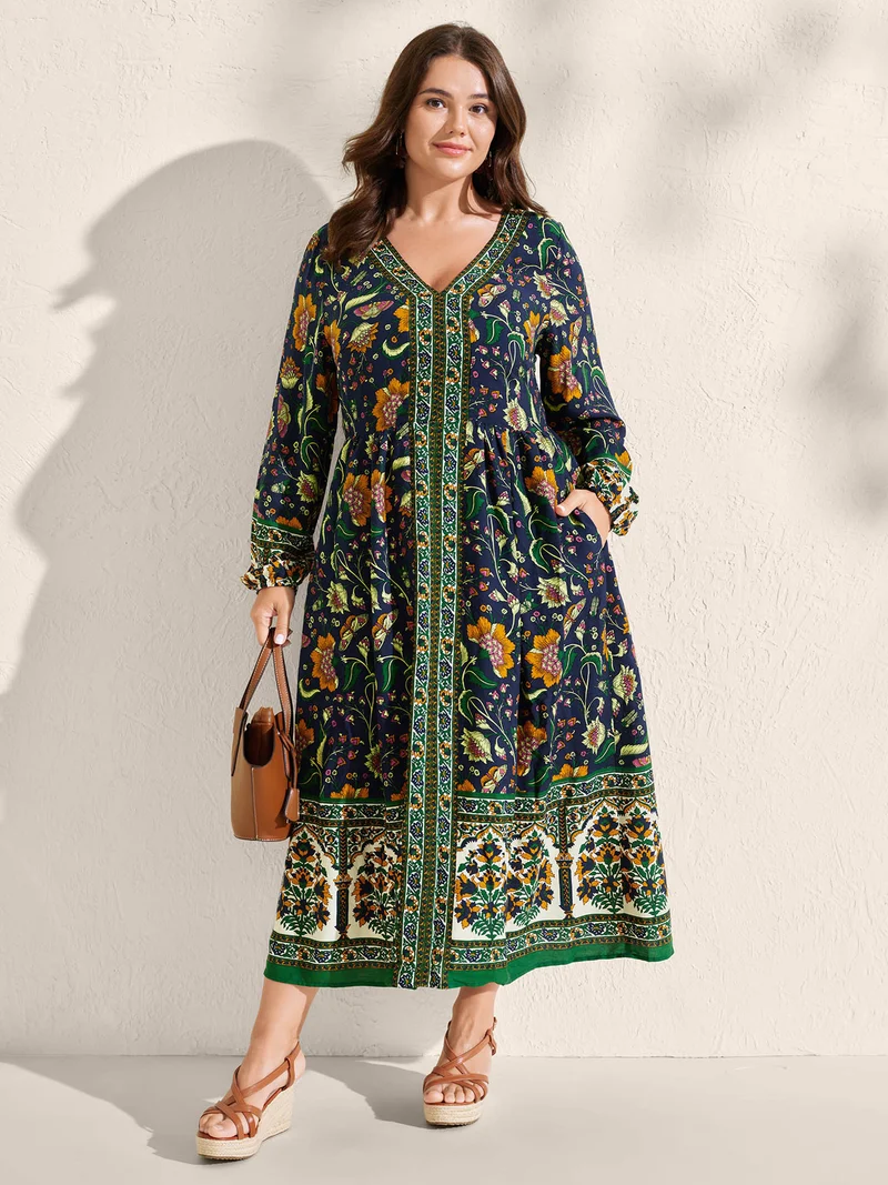 Floral Contrast Print Pockets Maxi Dress