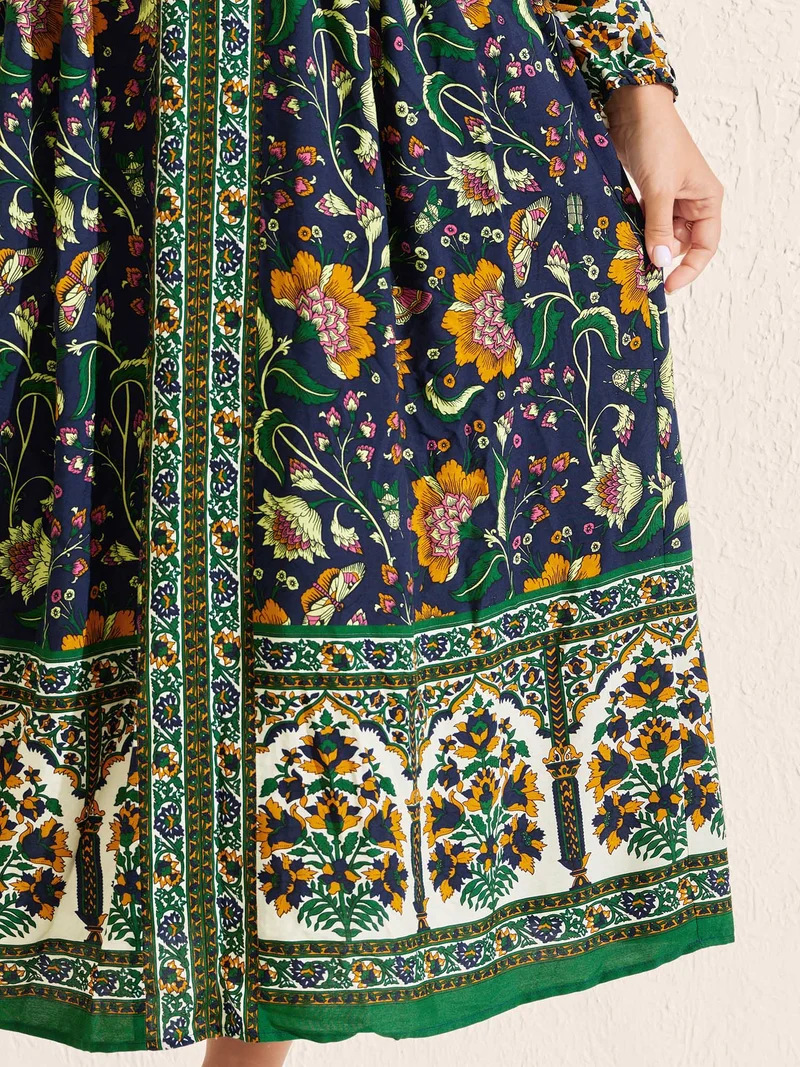 Floral Contrast Print Pockets Maxi Dress