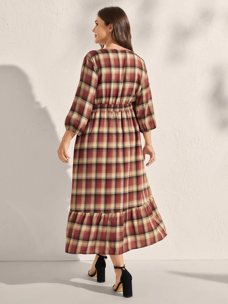 Check Print Shirred Waist Tiered Maxi Dress