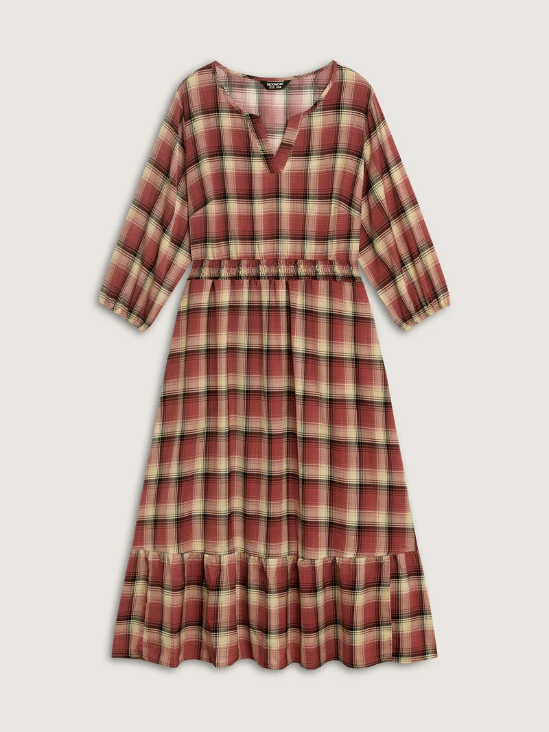 Check Print Shirred Waist Tiered Maxi Dress