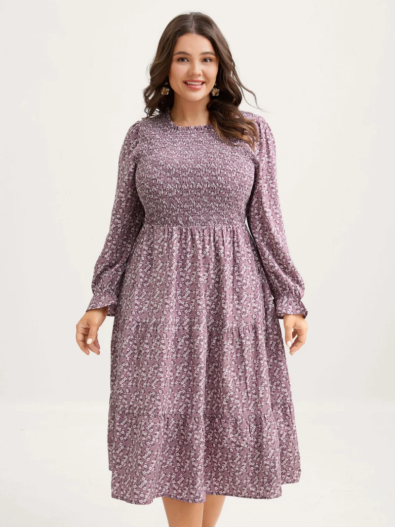 Floral Print Shirred Bodice Pockets Midi Dress