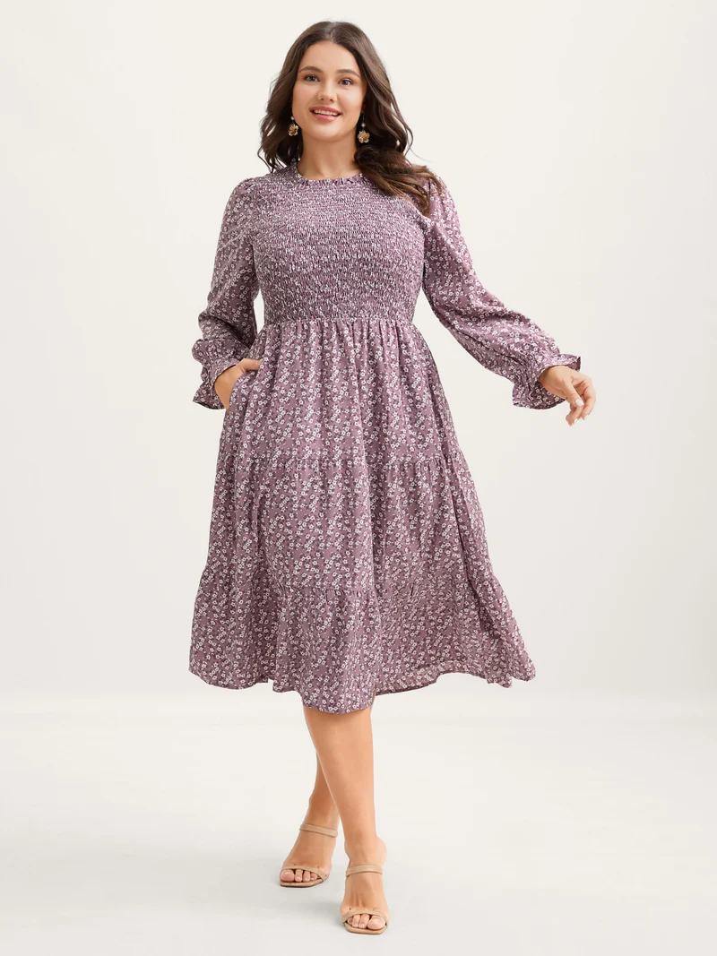 Floral Print Shirred Bodice Pockets Midi Dress