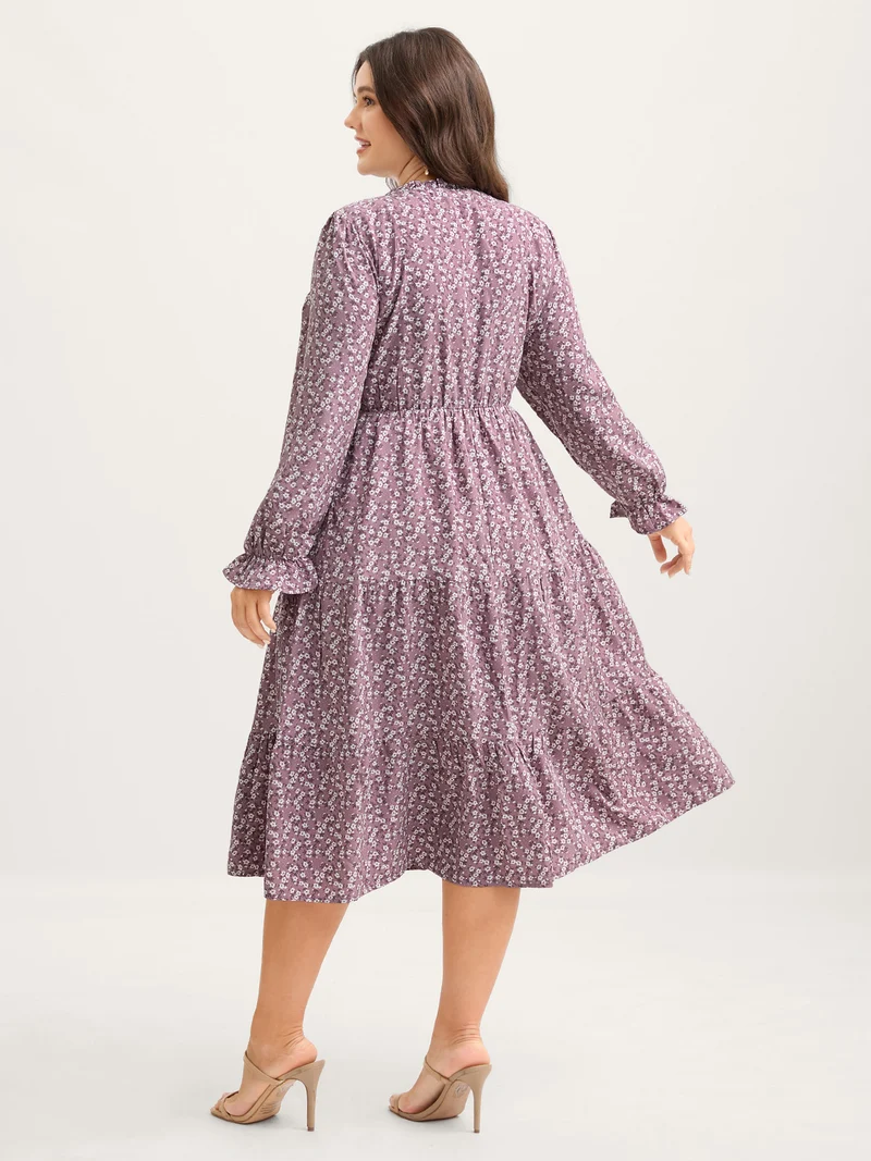 Floral Print Shirred Bodice Pockets Midi Dress