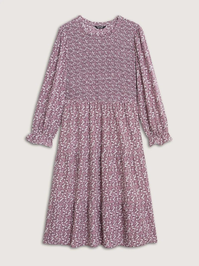 Floral Print Shirred Bodice Pockets Midi Dress