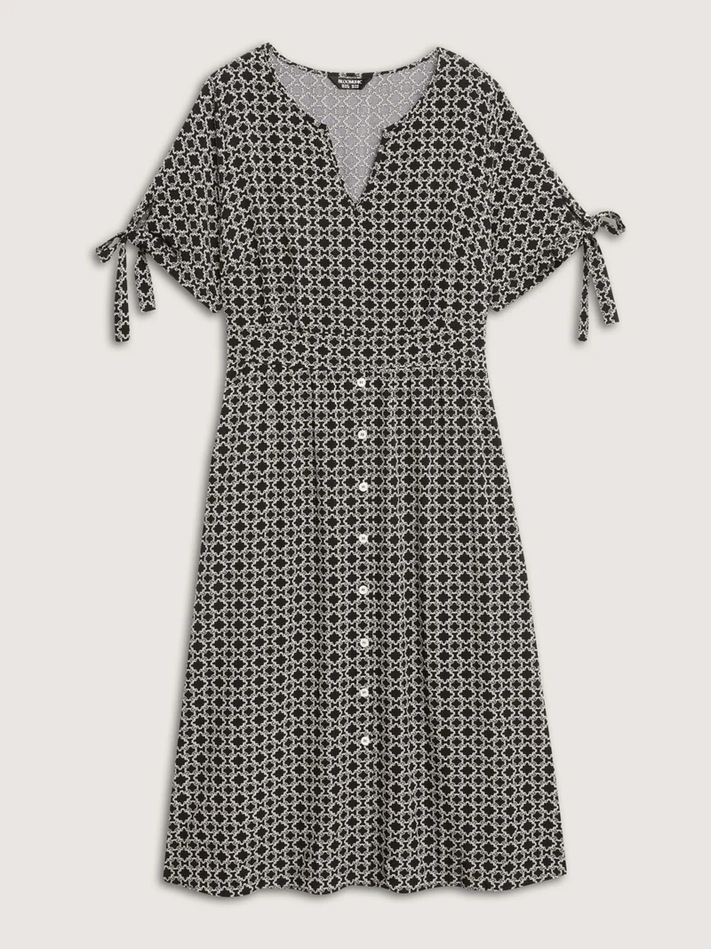 Geometric Print Sleeve Tie Midi Dress