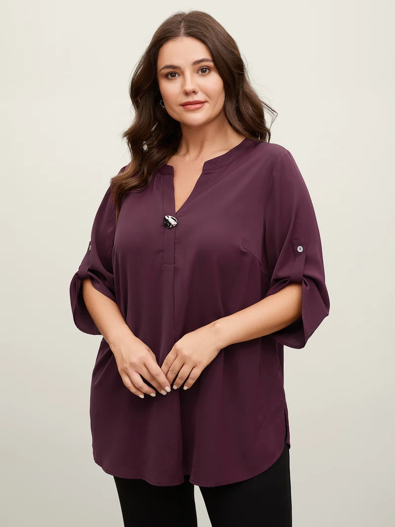 Metal Buckle Neckline Solid Blouse