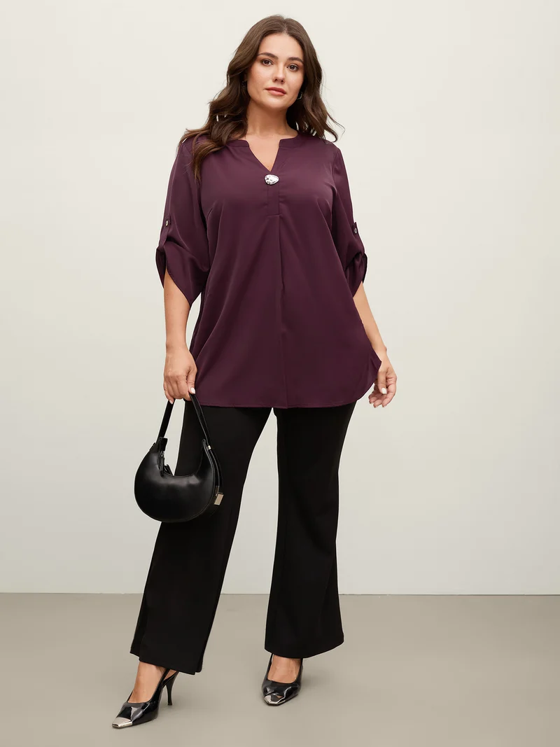 Metal Buckle Neckline Solid Blouse