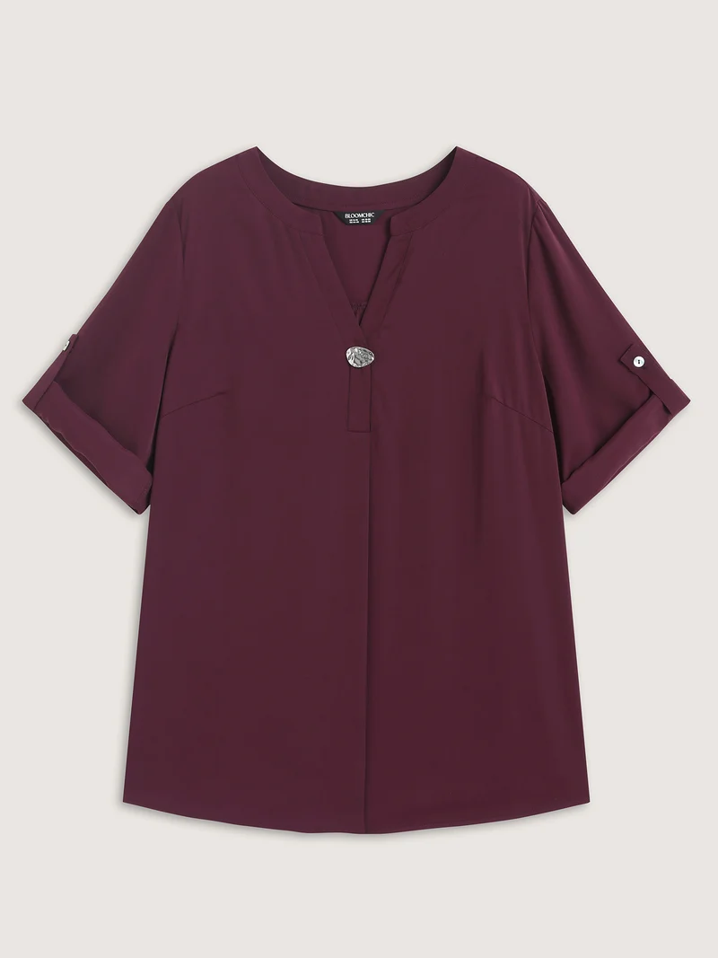 Metal Buckle Neckline Solid Blouse