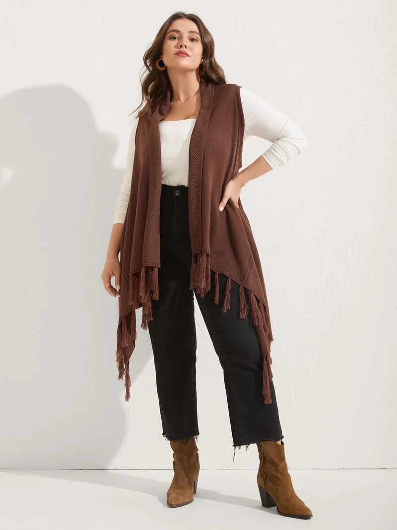 Irregular Hem Sleeveless Tassel Cardigan