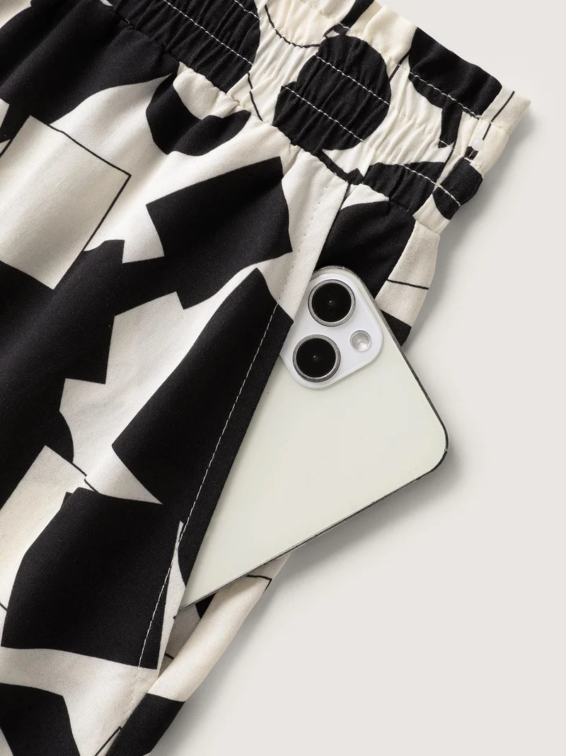 Geometric Print Drawstring Wide-Leg Pants