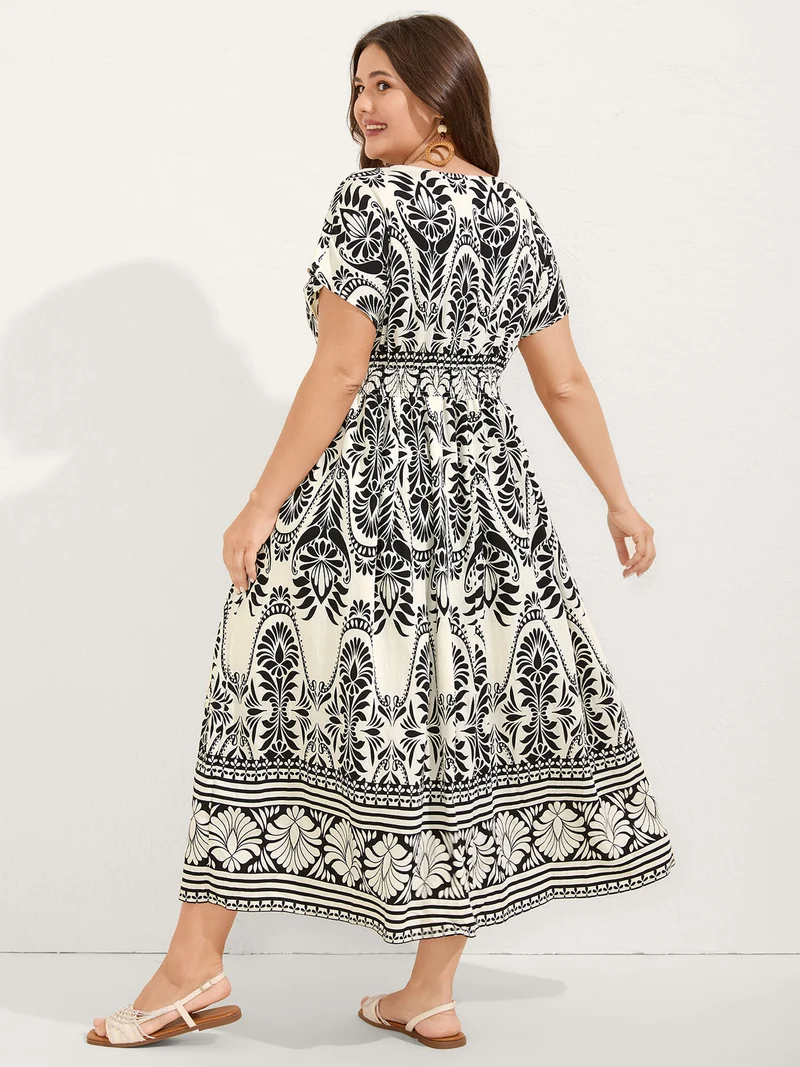 Floral Print Shirred Waist Midi Dress