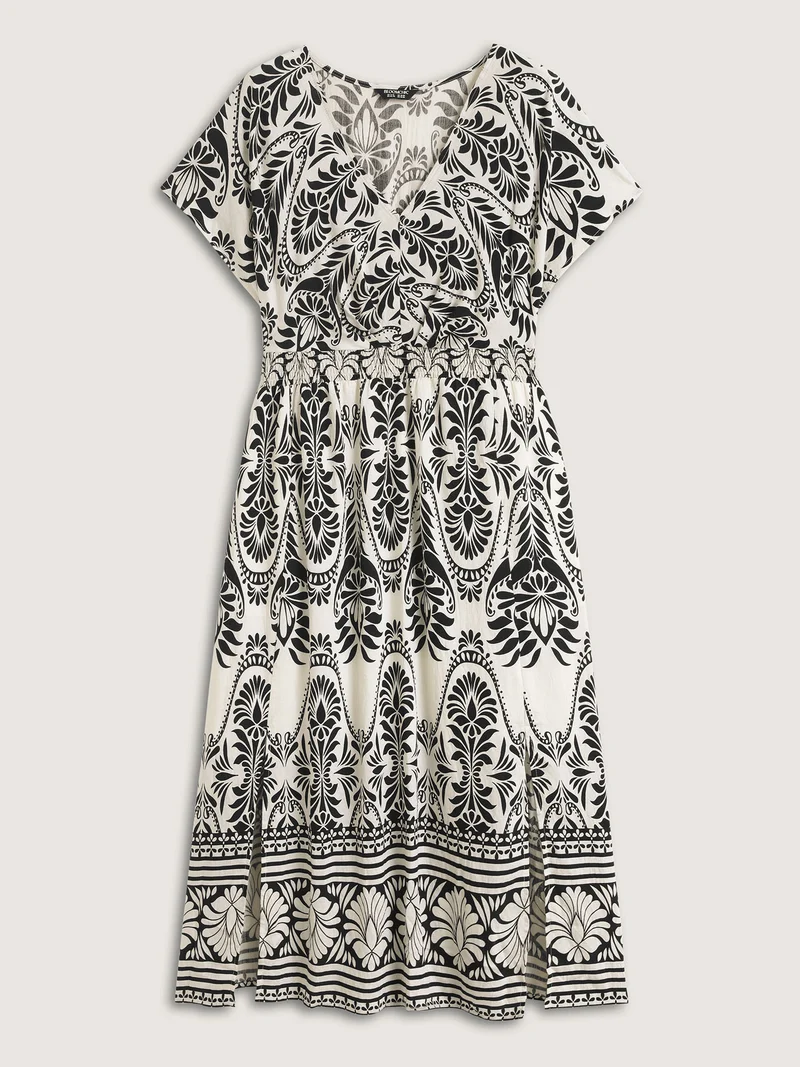 Floral Print Shirred Waist Midi Dress