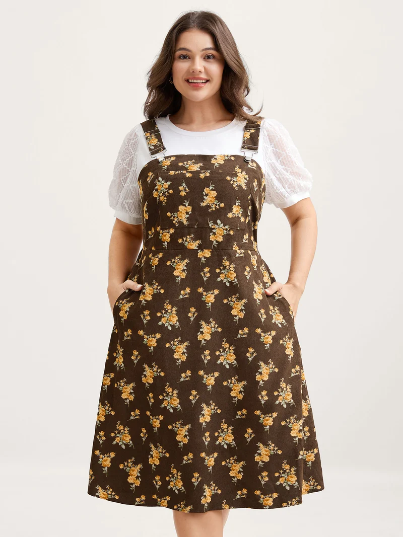 Floral Corduroy Pockets Overall Midi Dress