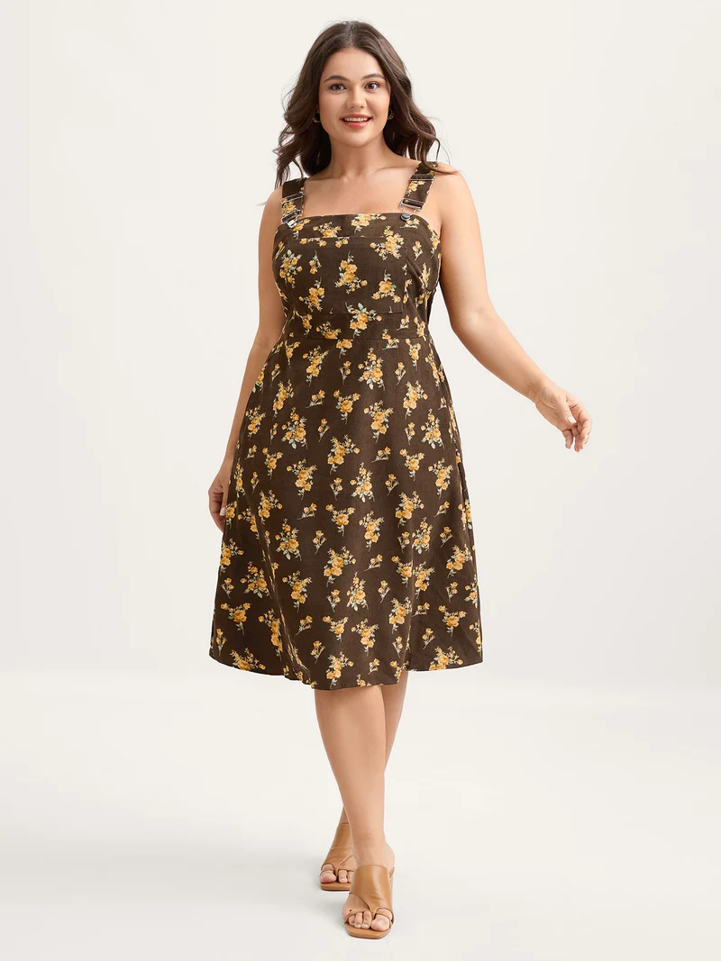 Floral Corduroy Pockets Overall Midi Dress