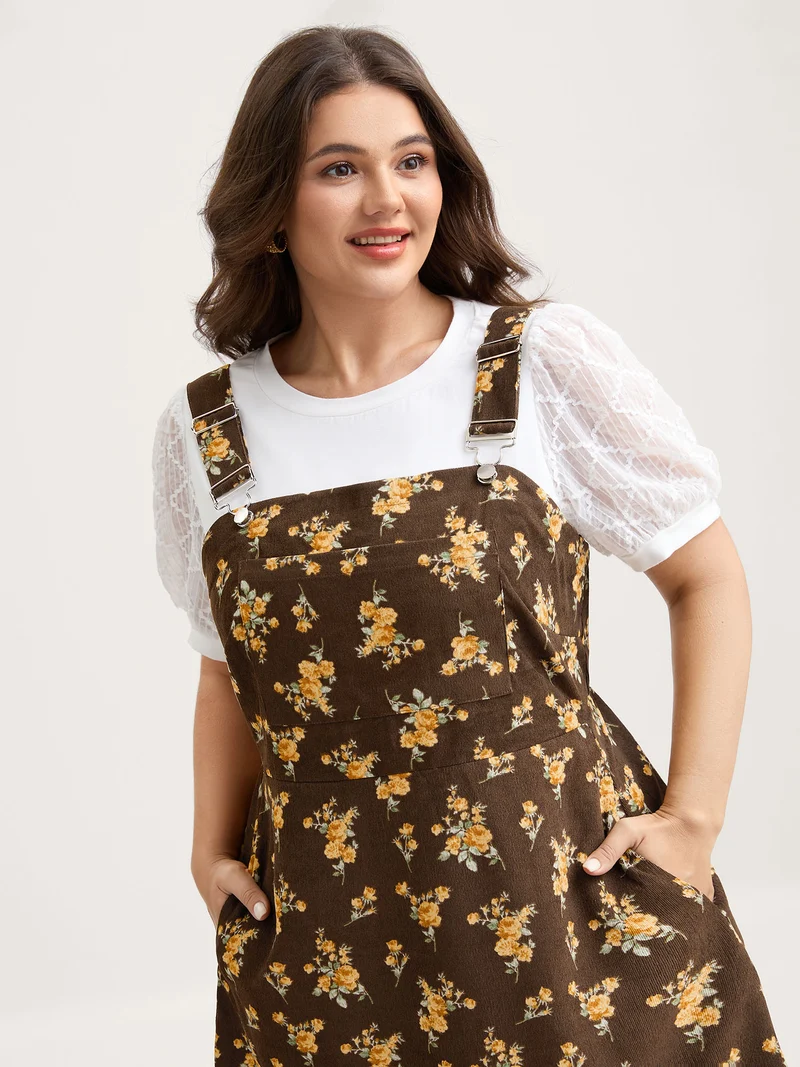 Floral Corduroy Pockets Overall Midi Dress