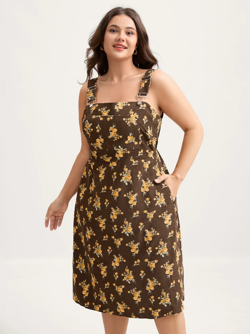 Floral Corduroy Pockets Overall Midi Dress
