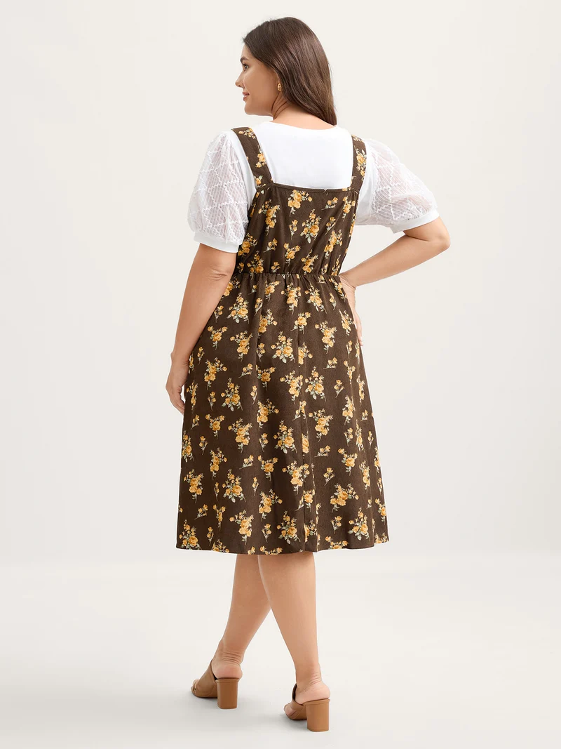 Floral Corduroy Pockets Overall Midi Dress