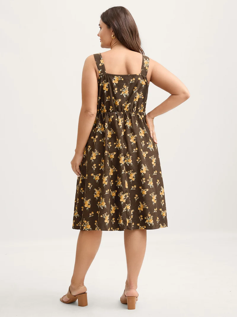 Floral Corduroy Pockets Overall Midi Dress