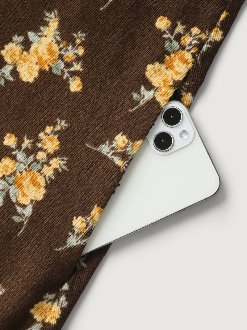 Floral Corduroy Pockets Overall Midi Dress
