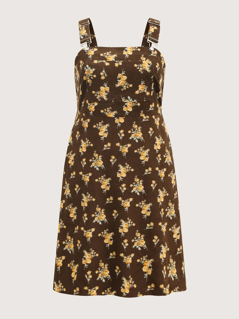 Floral Corduroy Pockets Overall Midi Dress