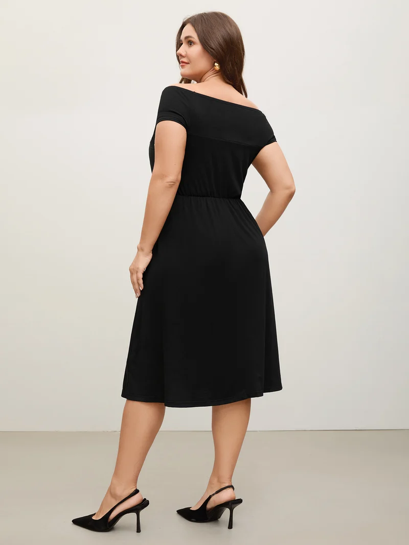 Twist Front Off-Shoulder Pockets Midi Dress