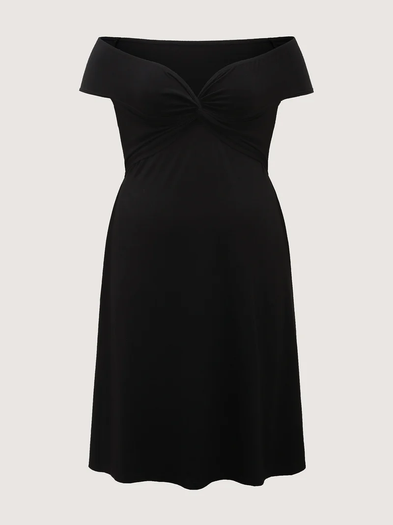 Twist Front Off-Shoulder Pockets Midi Dress