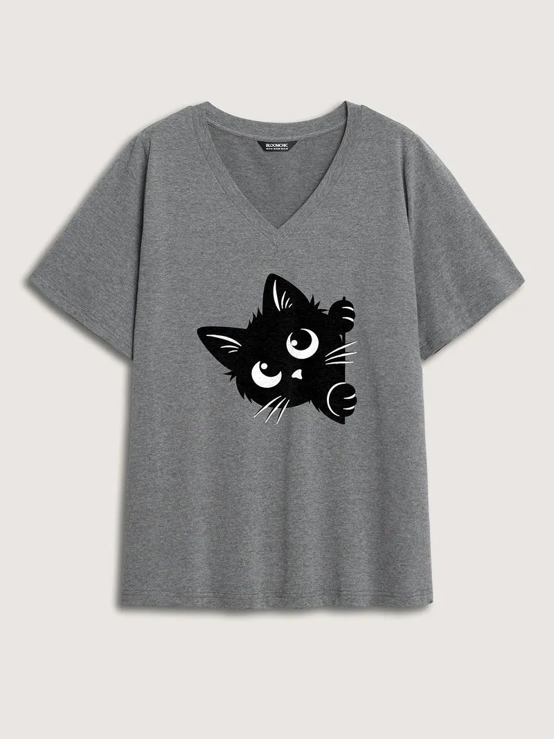 Hey Cat V-Neck Solid T-Shirt
