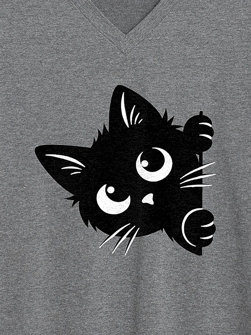 Hey Cat V-Neck Solid T-Shirt