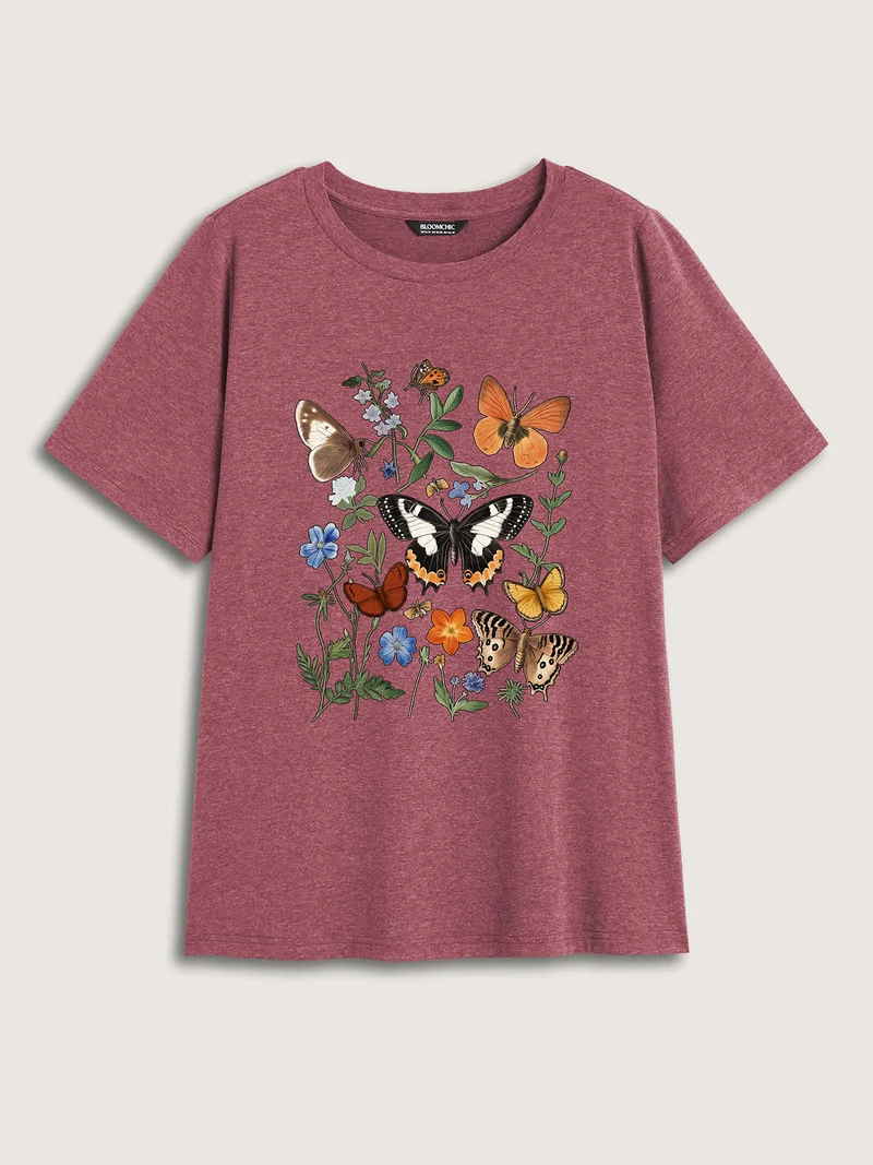 Butterfly Garden Print Crew Neck T-Shirt