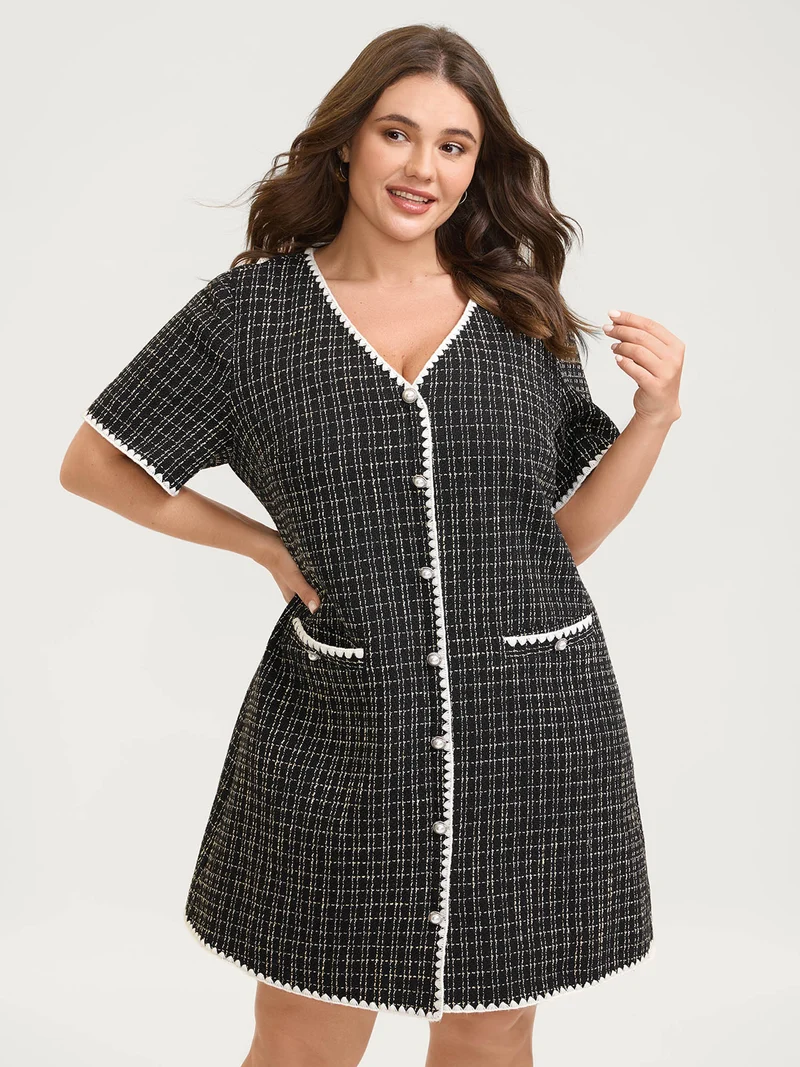Tweed Print Contrast Hem Knee-Length Dress