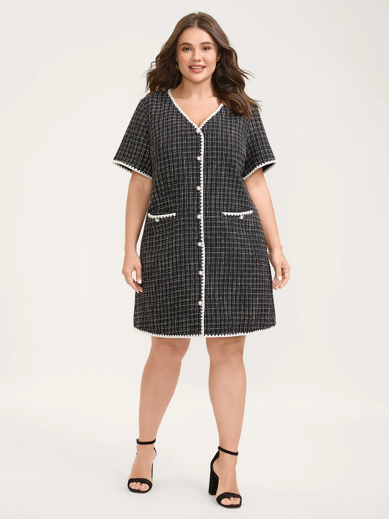 Tweed Print Contrast Hem Knee-Length Dress