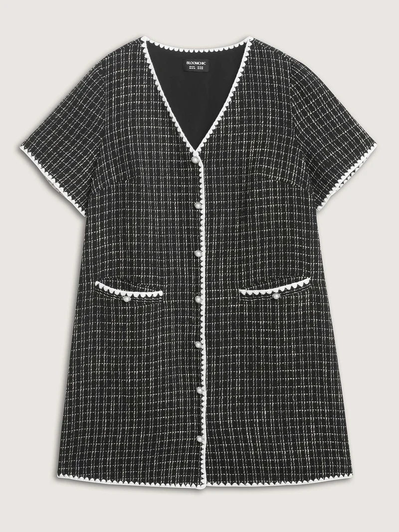 Tweed Print Contrast Hem Knee-Length Dress