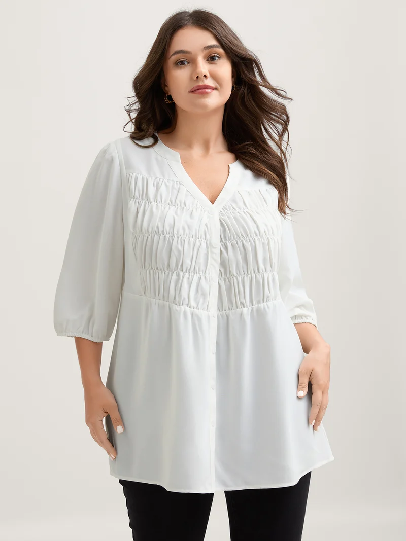 Textured Shirred Front Button Tunic Blouse