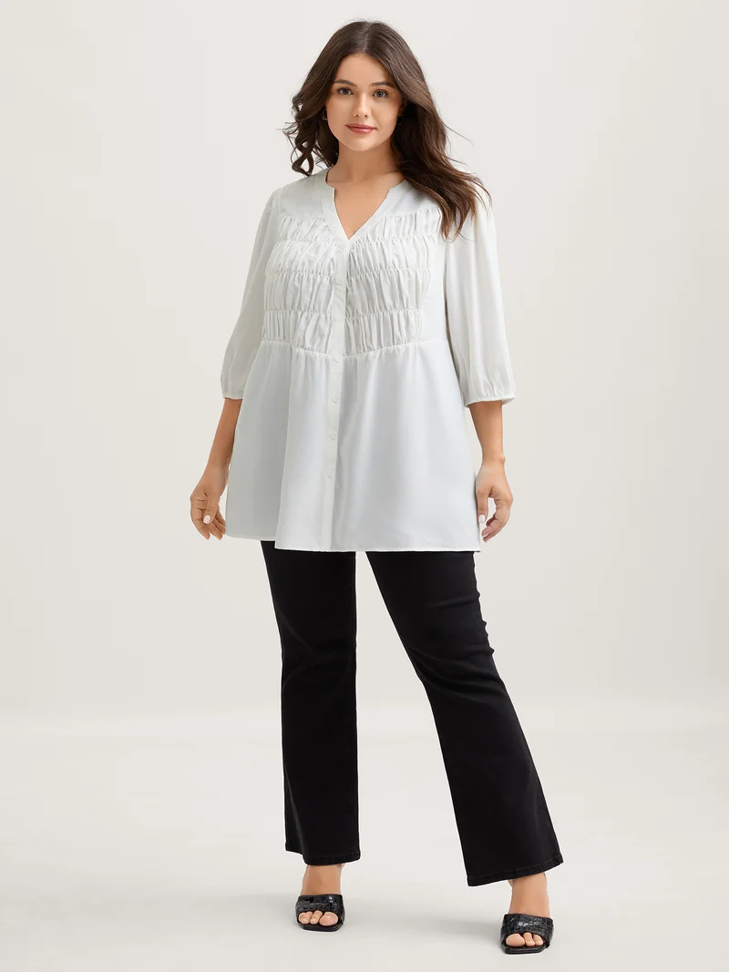 Textured Shirred Front Button Tunic Blouse