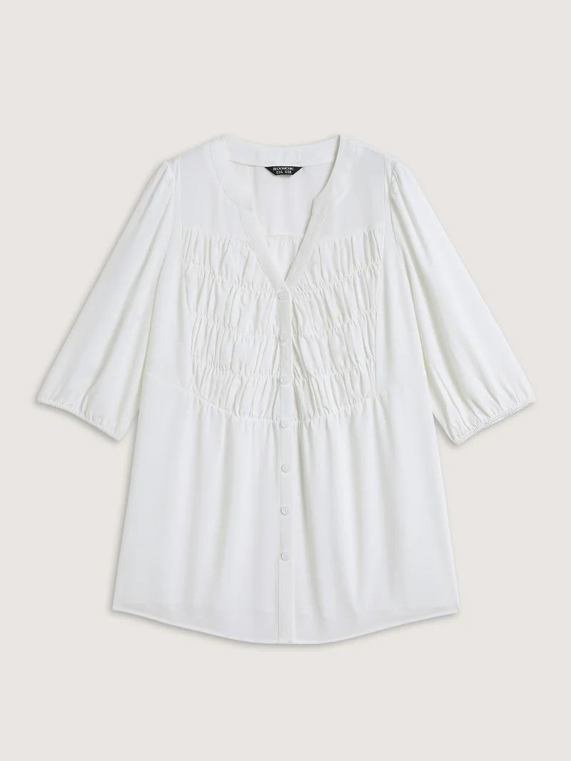 Textured Shirred Front Button Tunic Blouse