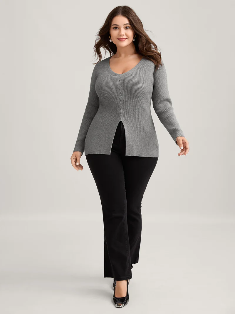 Supersoft Stretchy Cable Knit Slit Front Fitted Pullover