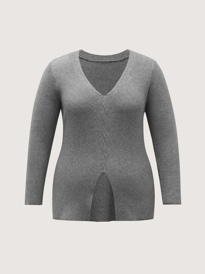Supersoft Stretchy Cable Knit Slit Front Fitted Pullover