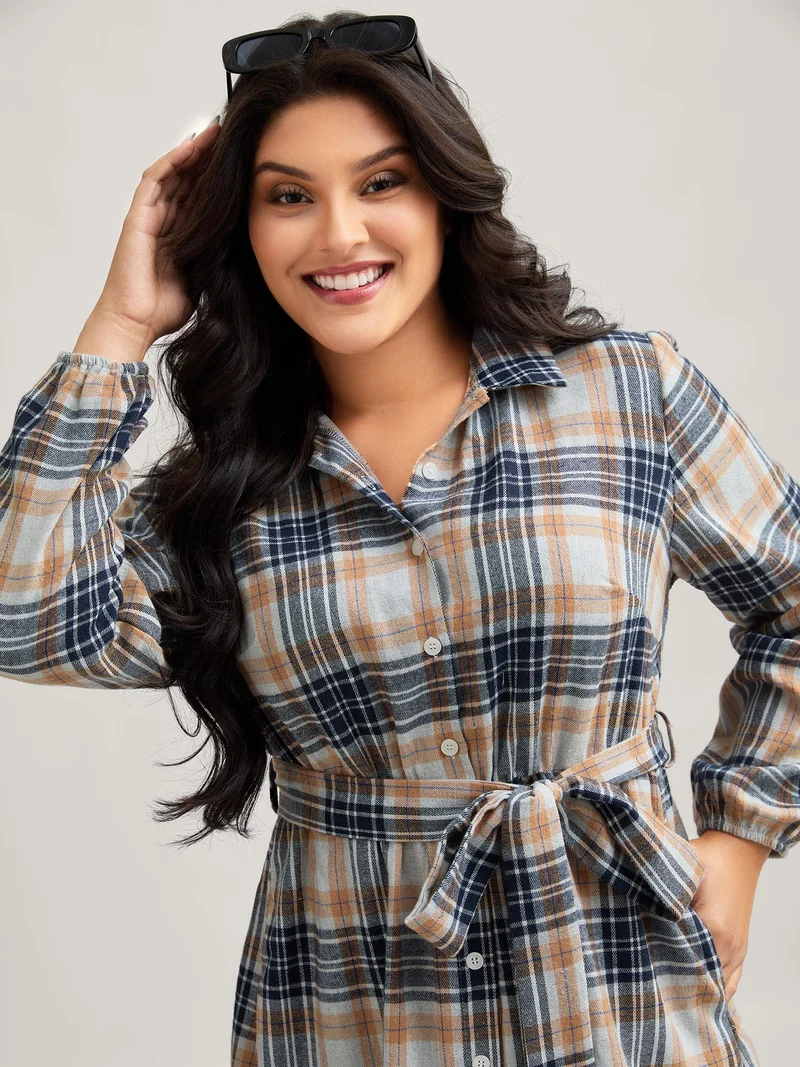 Plaid Print Belted Waist-Defining Midi Dress