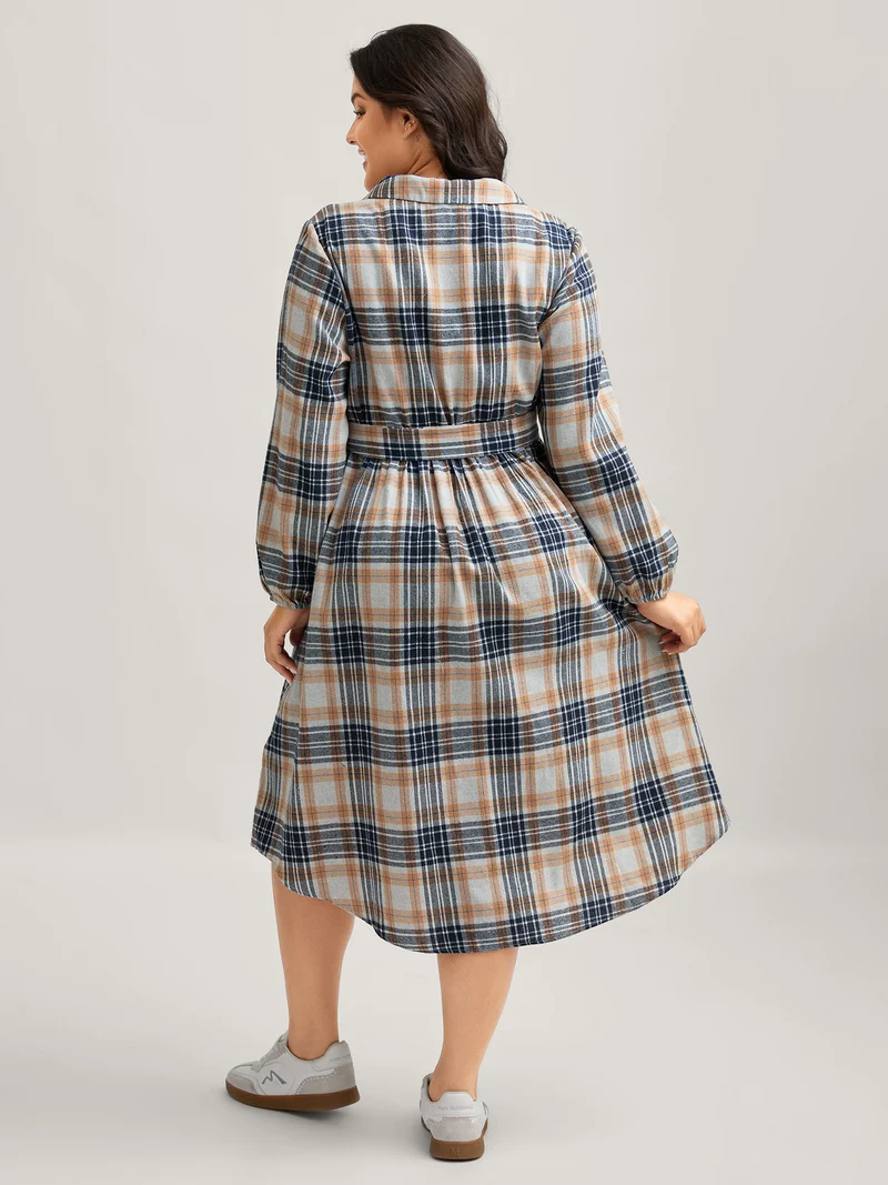 Plaid Print Belted Waist-Defining Midi Dress