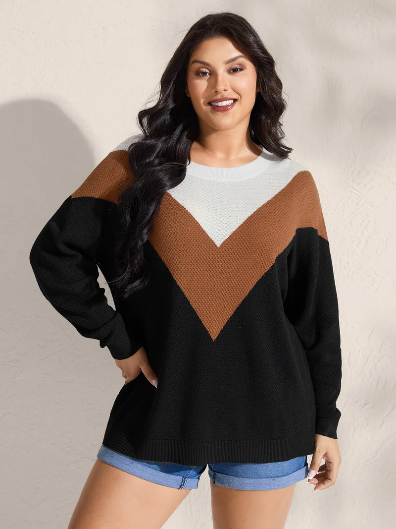 Textured Color Contrast Round Neck Pullover