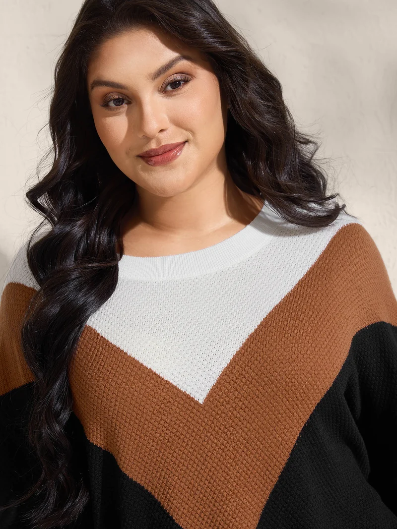Textured Color Contrast Round Neck Pullover